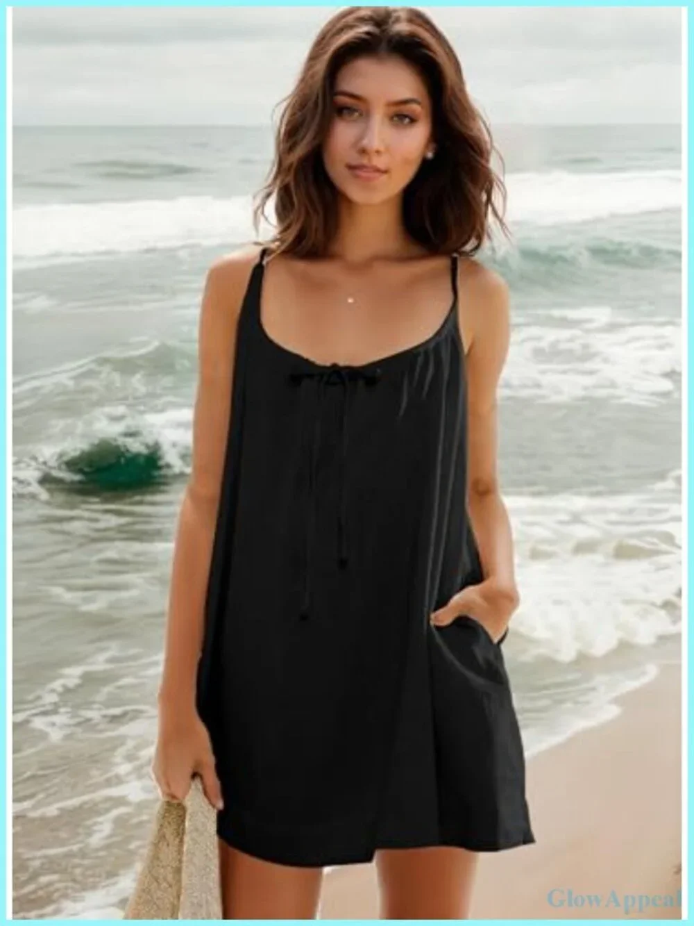 Linen Blend Mini Sundress with Pockets Spaghetti Strap Sleeveless
